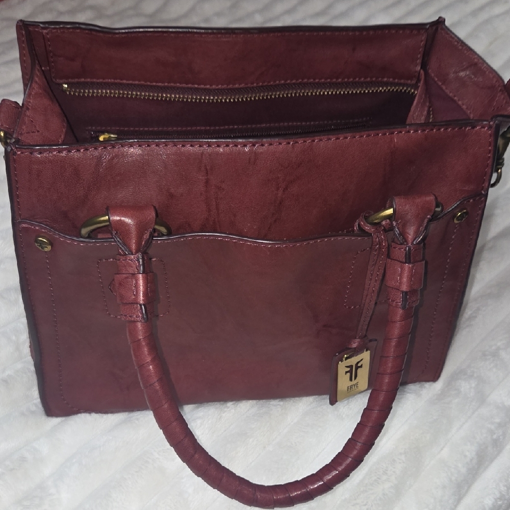 FRYE NEW BURNT APPLE W/ Gold LEATHER SATCHEL Burgundy Brass Handbag Crossbody